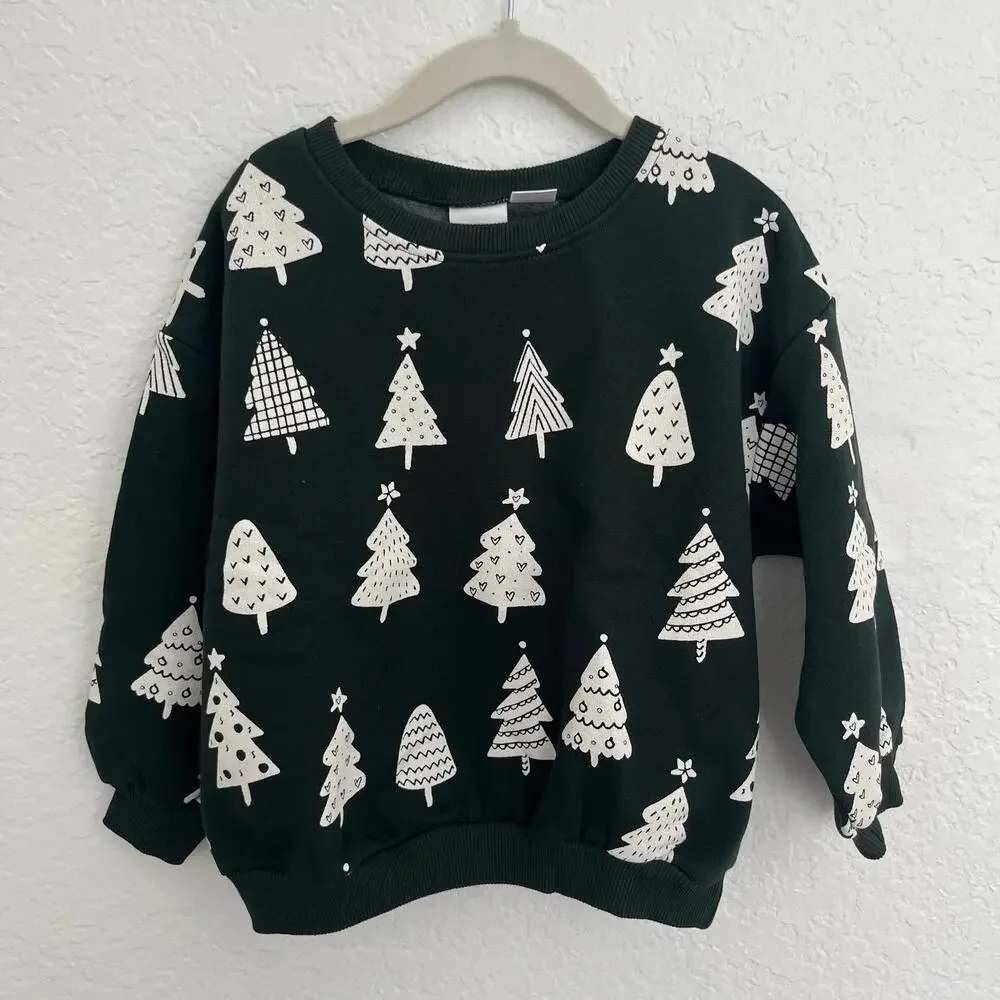 Zara Kids Dark Green Christmas Tree Doodle Print Fleece Sweatshirt Size 4Y NWT